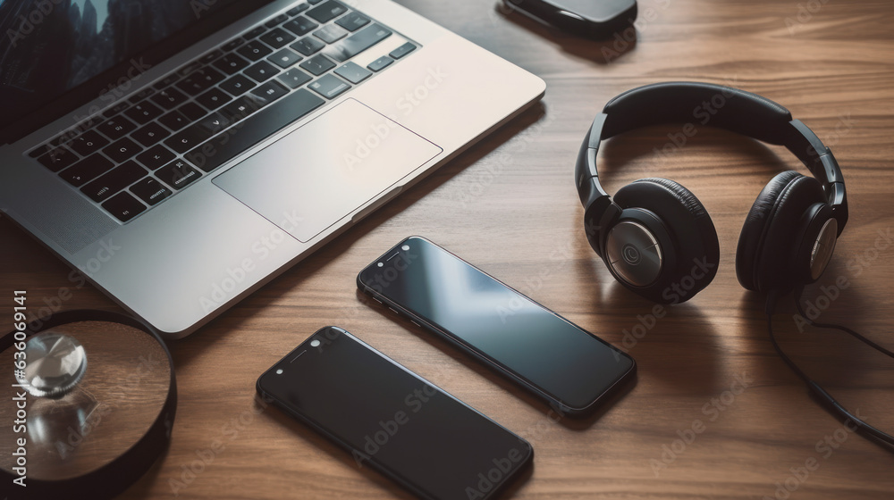 Top view smartphone with empty screen, wireless headphone and laptop on wooden table. Top view smartphone with empty screen, wireless headphone and laptop on wooden table.