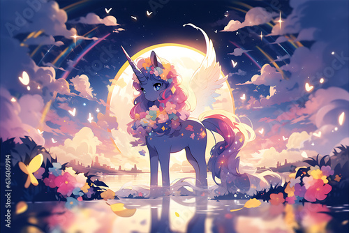 In the town, a town unicorn adorned with vibrant colors stands in front of a rainbow, creating a magical and fairy-tale-like scene.