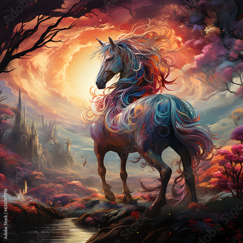 In the town  a town unicorn adorned with vibrant colors stands in front of a rainbow  creating a magical and fairy-tale-like scene.