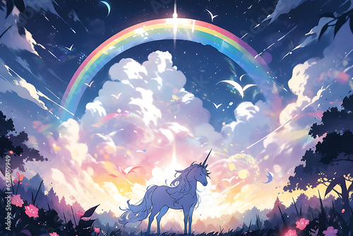 In the town, a town unicorn adorned with vibrant colors stands in front of a rainbow, creating a magical and fairy-tale-like scene.