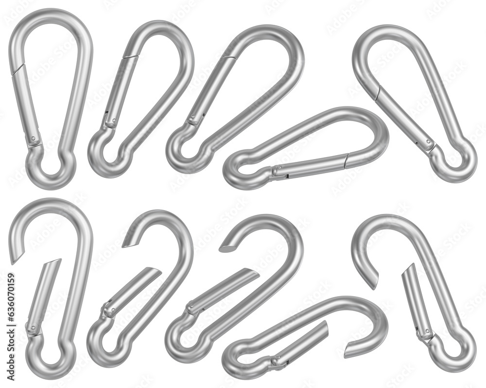 Steel carabiner set in different positions. Isolated design elements. 3D rendered image. Steel carabiner set in different positions. Isolated design elements. 3D rendered image.