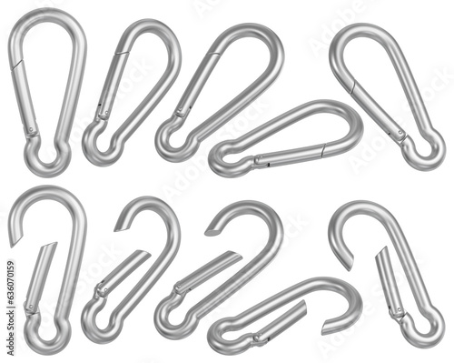 Steel carabiner set in different positions. Isolated design elements. 3D rendered image.