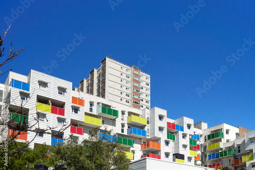 Contemporary public housing adjacent to older hi-rise flats