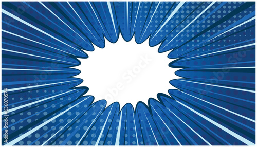 Bright blue exploding retro comic background with halftone shadow and circle of dark and light stripes. Dark and light backdrop with bubble for comics book, advertising design, poster, print