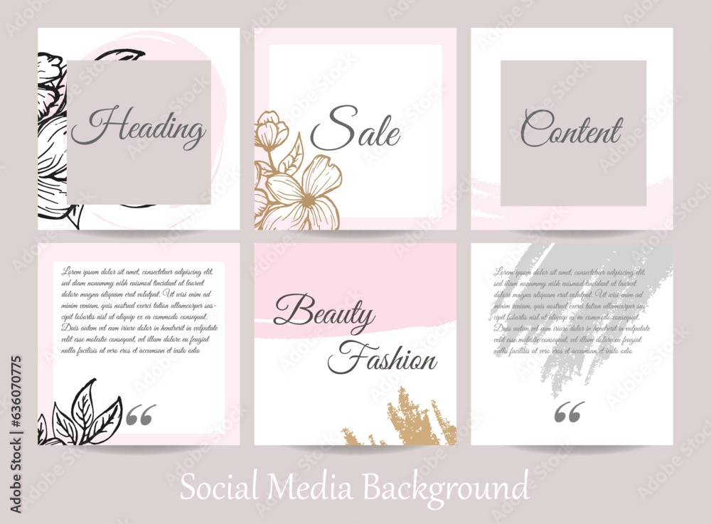 minimal abstract social media story post feed background layout. banner template in pink nude pastel watercolor vector texture mockup with floral elements. for beauty, care, wedding, makeup