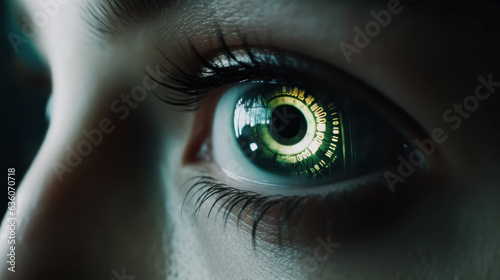 Woman focus eye look digital science system concept vision futuristic computer green technology person human.