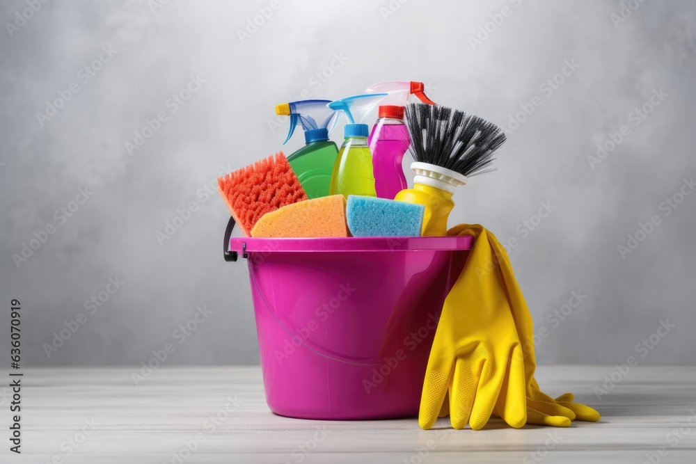 Bucket with cleaning products on the table on a gray background Bucket with cleaning products on the table on a gray background
