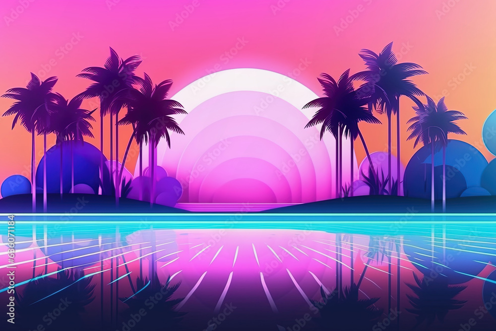 Abstract geometric pool party background with colorful neon lines. Summer light music show scene