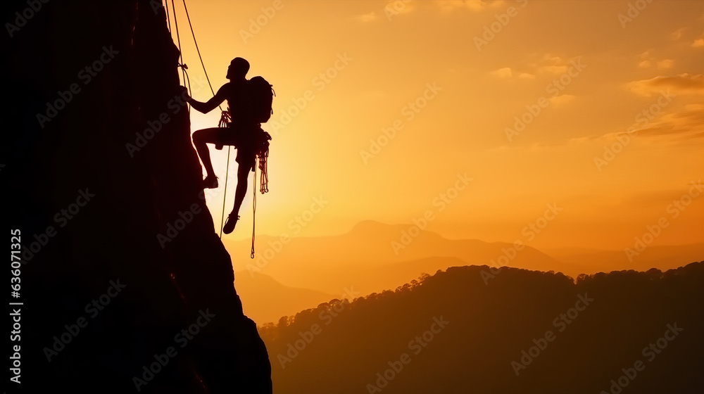 A man scaling a mountain at sunset A man scaling a mountain at sunset