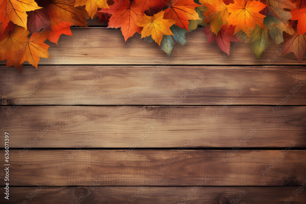 Fall leaves on a wood plank backdrop with copy space Fall leaves on a wood plank backdrop with copy space