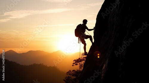 A man climbing a mountain at sunset