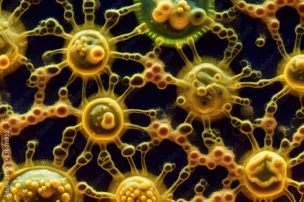 Macro view of 3D bacteria and virus cells in scientific lab petri dish. Microscopic, complexity, research concept. Macro view of 3D bacteria and virus cells in scientific lab petri dish. Microscopic, complexity, research concept.