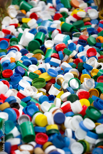 Many colorful caps from plastic bottles, plastic recycling