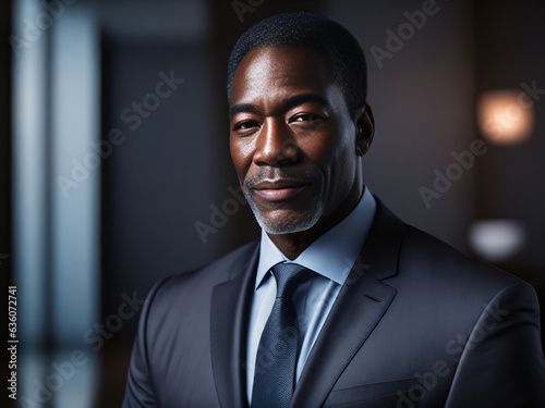 Dapper black man in modern office. Professionalism, success, power concept. photo