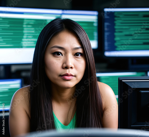 Asian middle aged data scientist woman in a room of glowing screens. Intelligence, data, analysis concept. photo