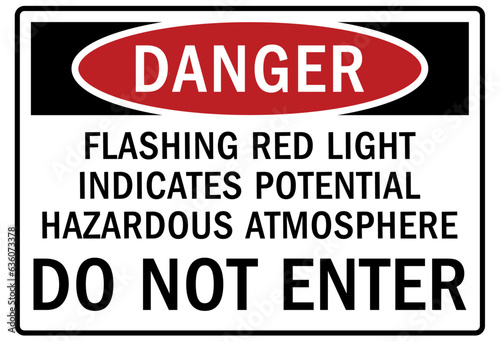 Testing in progress warning sign and labels flashing red light indicates potential hazardous atmosphere
