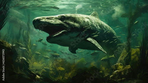 Amegalodon swimming in a green ocean