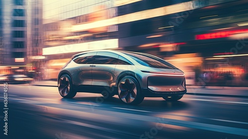 futuristic electric liftback car outside on modern city, street out of focus © medienvirus