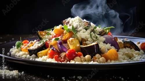 grilled chicken with couscous and with roasted vegetables and feta cheese