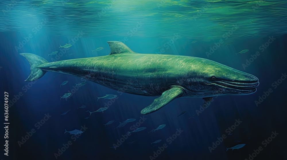 Fototapeta premium a blue whale swimming in a green ocean
