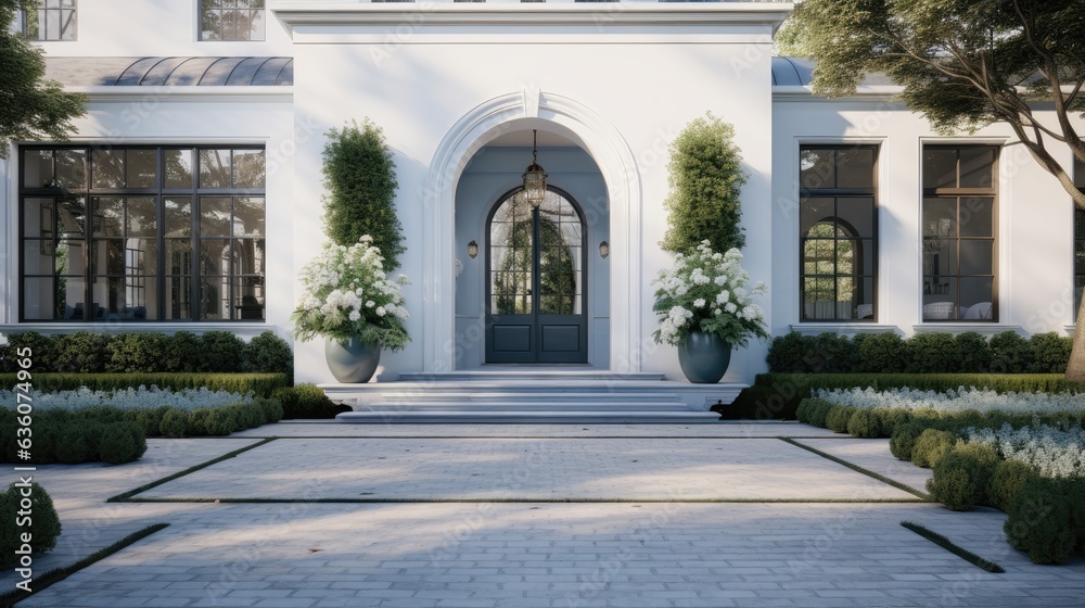 beautiful front yard, in the style of light gray and navy, arched doorways beautiful front yard, in the style of light gray and navy, arched doorways