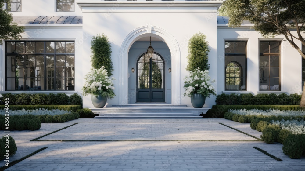 beautiful front yard, in the style of light gray and navy, arched doorways