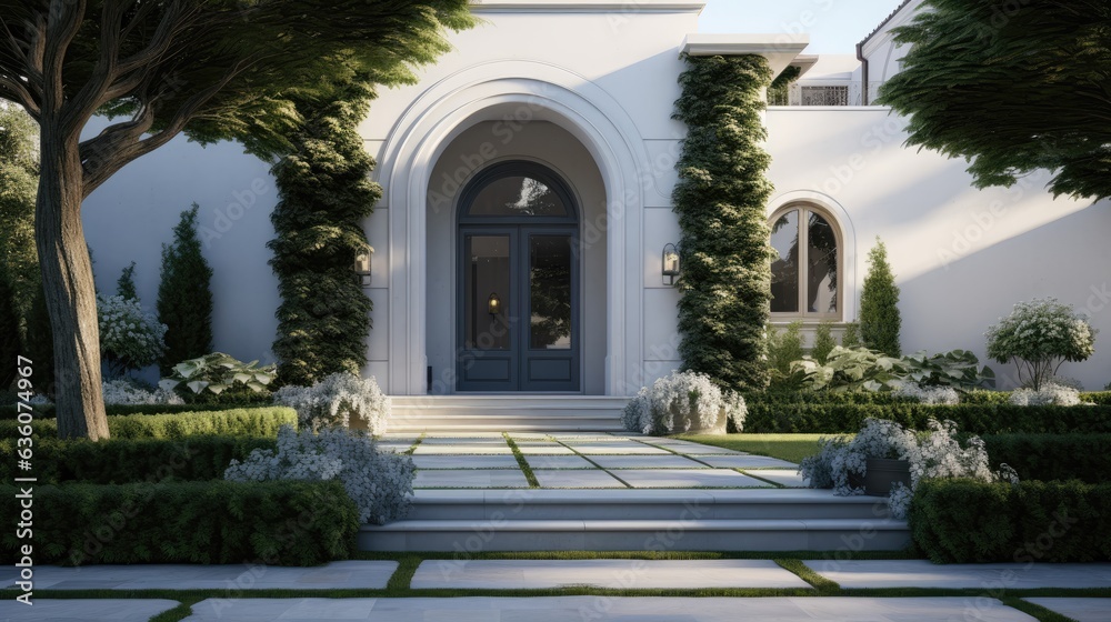 beautiful front yard, in the style of light gray and navy, arched doorways