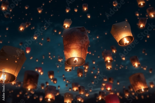 Lanterns flying with flame in the night sky. Floating Lantern Festival