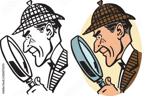 A vintage retro cartoon of a police detective looking for clues with a magnifying glass. 