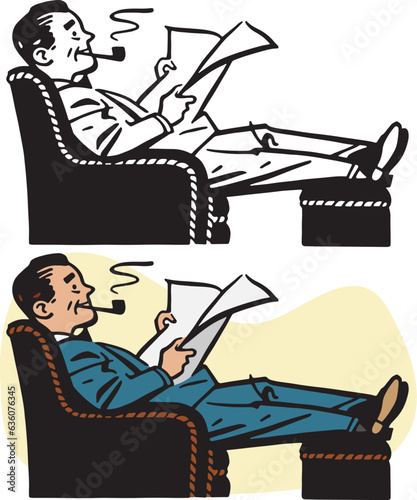 A vintage retro cartoon of a man relaxing in a lounge chair reading a newspaper and smoking a pipe. 