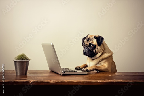A pug dog sitting at a table with a laptop. Digital image.