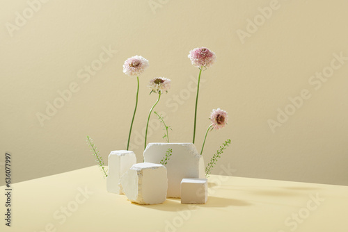 Stack white stones platform podium and flower on gray light copy