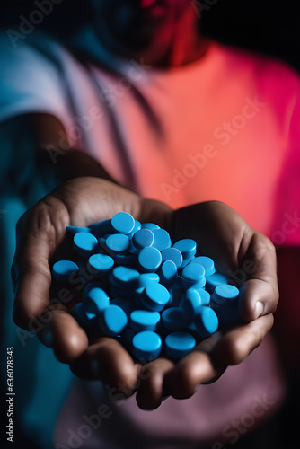close up of a man hand offers a compound of blue pills