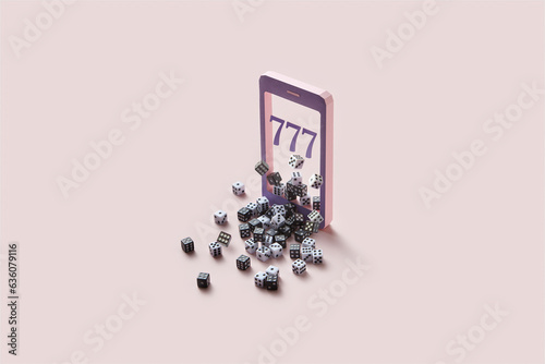 Smartphone mockup with 777 numbers and falling out dice. photo