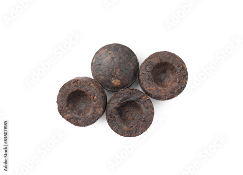 Cake shaped traditional Chinese pu-erh tea isolated on white, top view photo