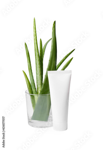 Aloe vera toothpaste in blank tube and green leaves isolated on white