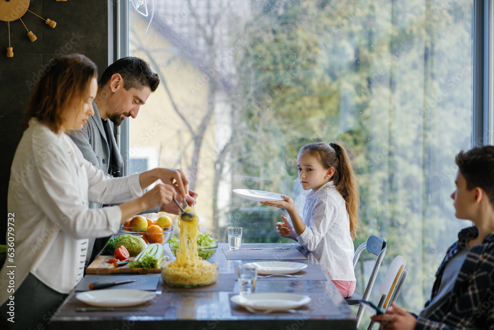 Family meal dinner serve help preparation dining room Family meal dinner serve help preparation dining room