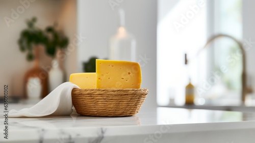 Delicious Gouda Cheese Photorealistic Horizontal Illustration. Creamy Milk Product. Ai Generated bright Illustration with Gourmet Tasty Gouda Cheese.