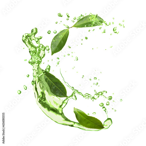 Splashes of refreshing drink with leaves on white background. Green or matcha tea