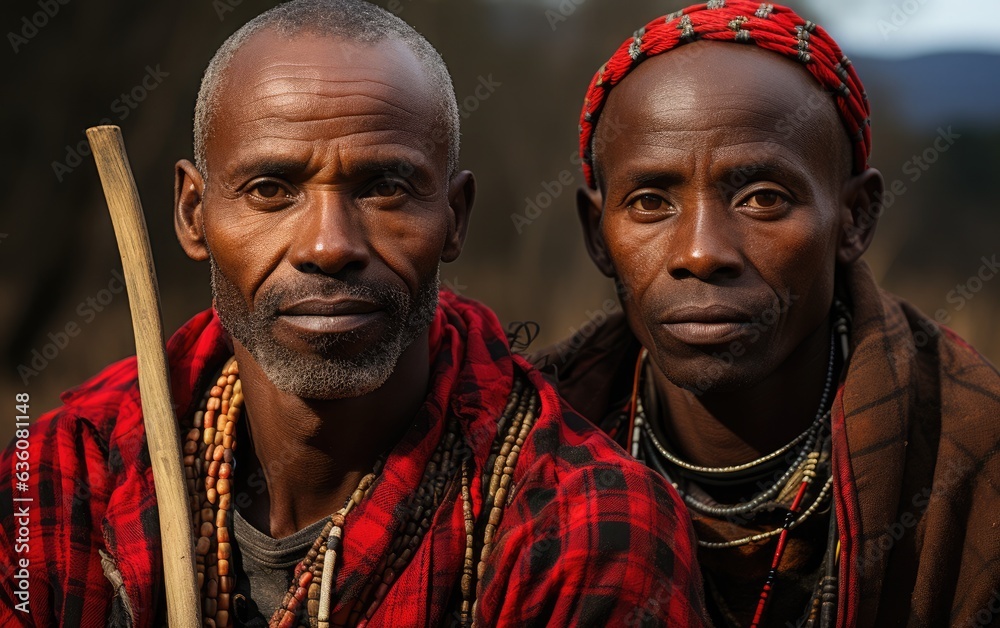 Two men in red clothing for a photo and pose with their spears, in the style of african-inspired textile patterns, rural landscapes