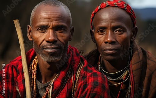 Two men in red clothing for a photo and pose with their spears, in the style of african-inspired textile patterns, rural landscapes