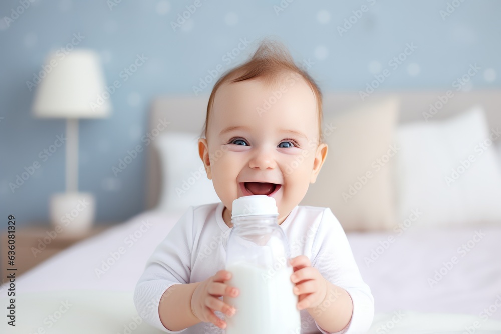 cute happy little baby holding a feeding bottle with milk and smiling. Milk formula for babies cute happy little baby holding a feeding bottle with milk and smiling. Milk formula for babies