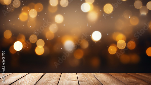 empty wooden board table with blur Bokeh lighting background for festive Christmas holiday and product advertisement