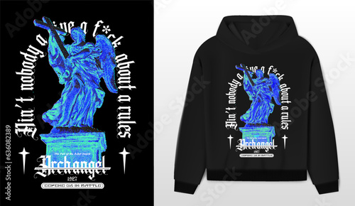 Art design of urban featuring an illustrated sculpture in 8-bit, in psychedelic blue hues. Gothic font texts add an authentic urban, black hoodie and template. Perfect for clothing patterns seekin