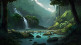 美しい熱帯の滝と静かな川 No.028 | Breathtaking Tropical Waterfall and Serene River Generative AI