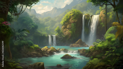 美しい熱帯の滝と静かな川 No.036 | Breathtaking Tropical Waterfall and Serene River Generative AI
