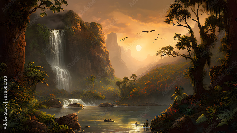 夕日に輝く熱帯の滝と静かな川 No.021 | Tropical Waterfall in the Radiant Sunset Generative AI - obrazy, fototapety, plakaty 