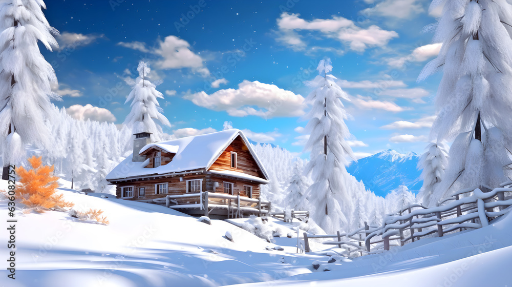 Naklejka premium A house covered with snow -Generative AI