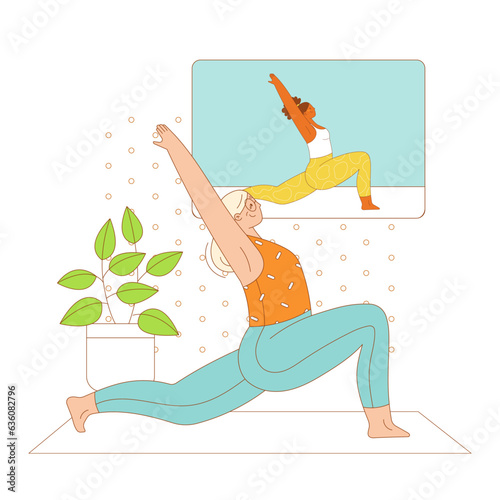 Senior woman practicing yoga at home with an online instructor. Flat outlined colorful vector illustration.