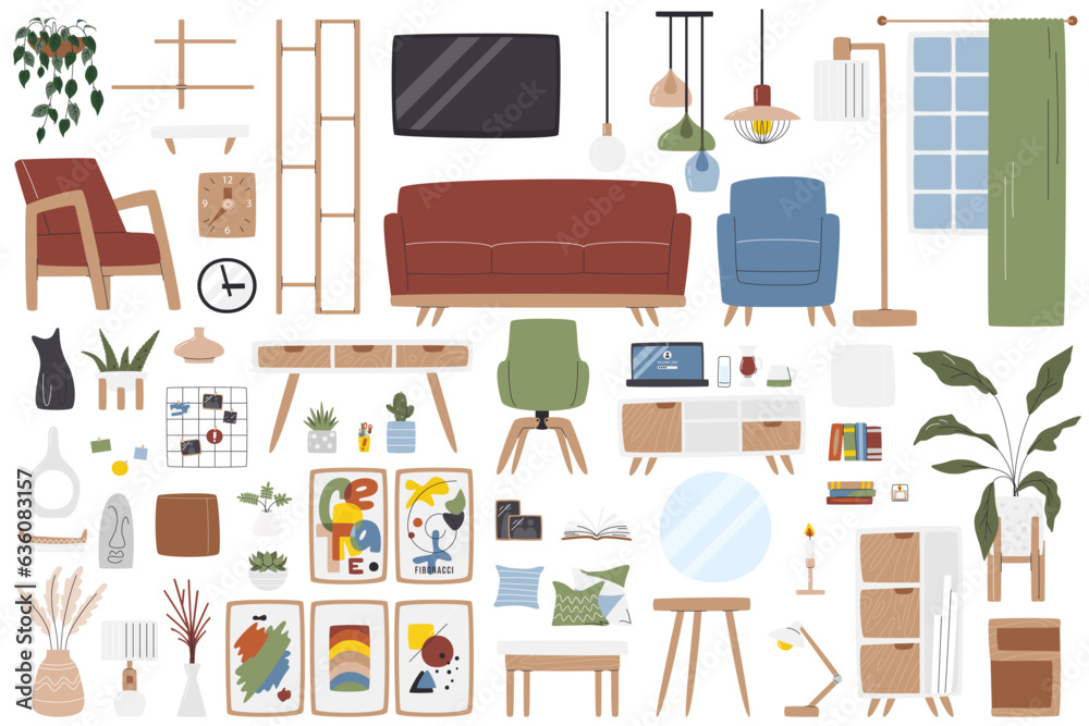 Living room interior objects. Mid-century home office furniture. Comfy modern workplace and lounge extensive collection isolated. Hygge mood. House elements set hand drawn flat vector illustration